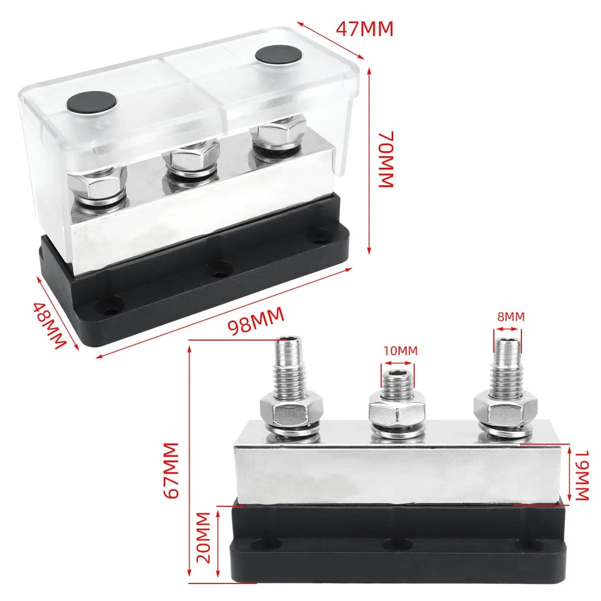 Heavy-Duty 600A Bus Bar | Nickel-Plated Copper Power Distribution Block | 4-Stud Terminal - Thumbnail 3