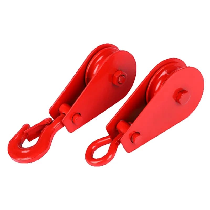 Heavy-duty lifting pulley block with rotating ring and mini pulleys for crane construction and industrial material handling.
