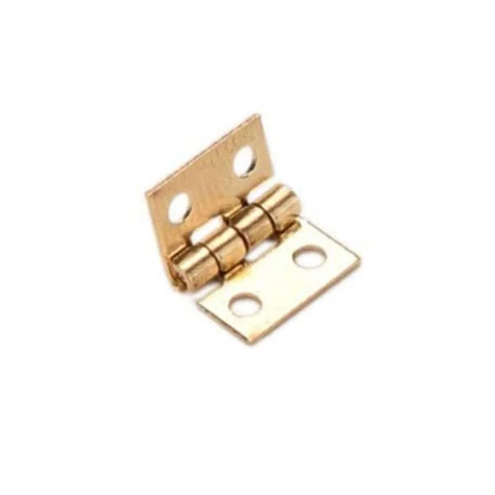 Collection of 50 miniature brass hinges with nails for small craft projects, jewelry boxes, wooden cases, and decorative cabinet doors.