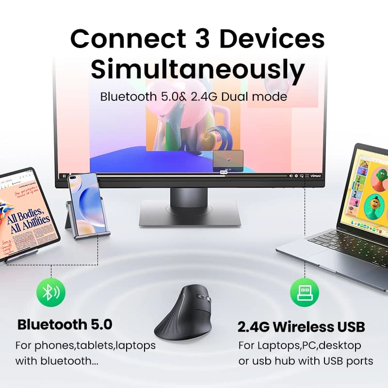 Ergonomic Vertical Mouse | Wireless Bluetooth 5.0 & 2.4G | 4000 DPI for MacBook & PC - Thumbnail 6