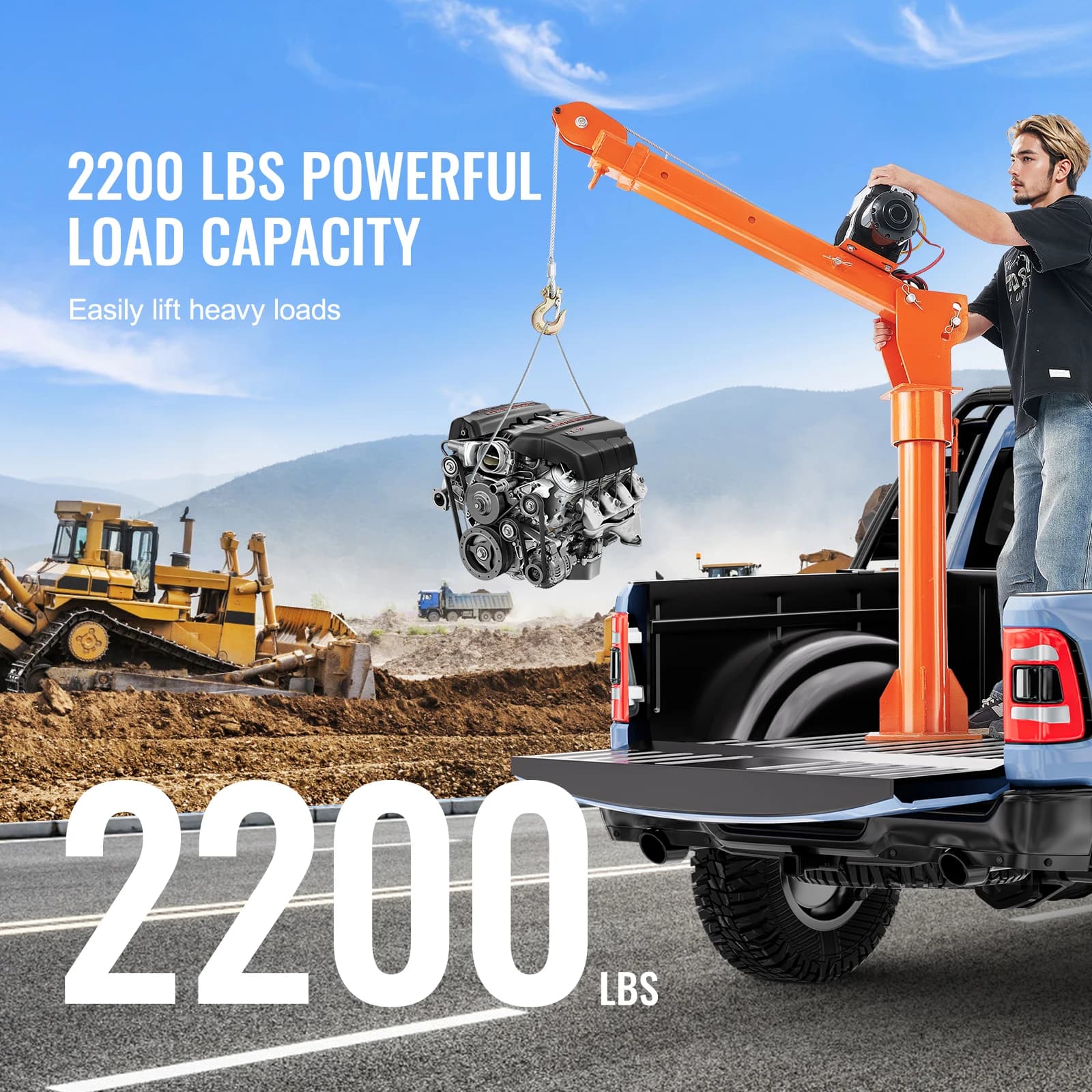 2200lb Electric Hoist Crane | 360° Swivel Folding Jib with 6000lb Winch for Heavy-Duty Lifting - Thumbnail 2