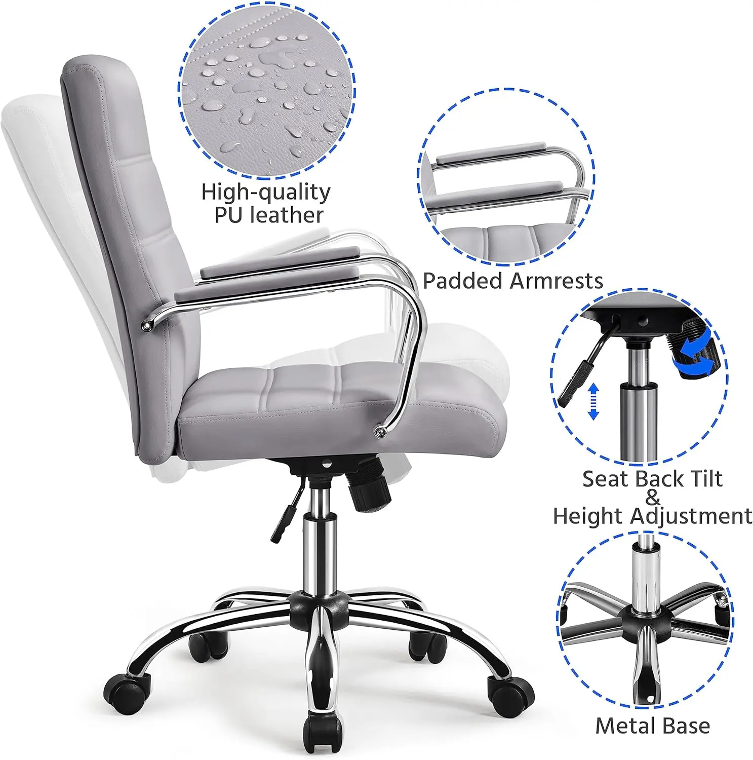 Adjustable Office Chair | PU Leather with Height Control & Armrests | Swivel Desk Chair - Thumbnail 5