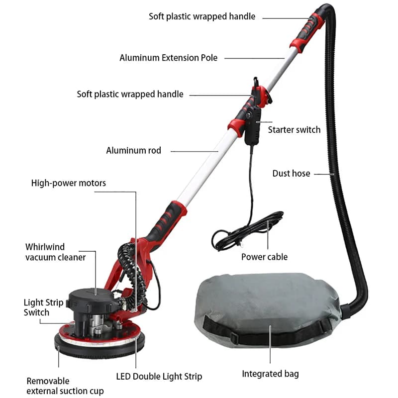 225mm Electric Drywall Sander | 1250W High-Power | LED Light & Long Rod for Wall Polishing - Thumbnail 4
