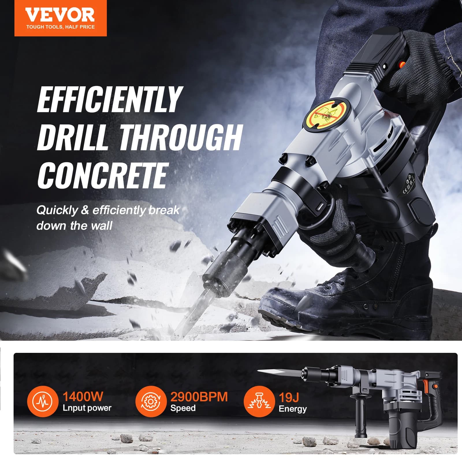1400W Demolition Jack Hammer | Heavy-Duty Concrete Breaker with 2 Chisels & Case - Thumbnail 3