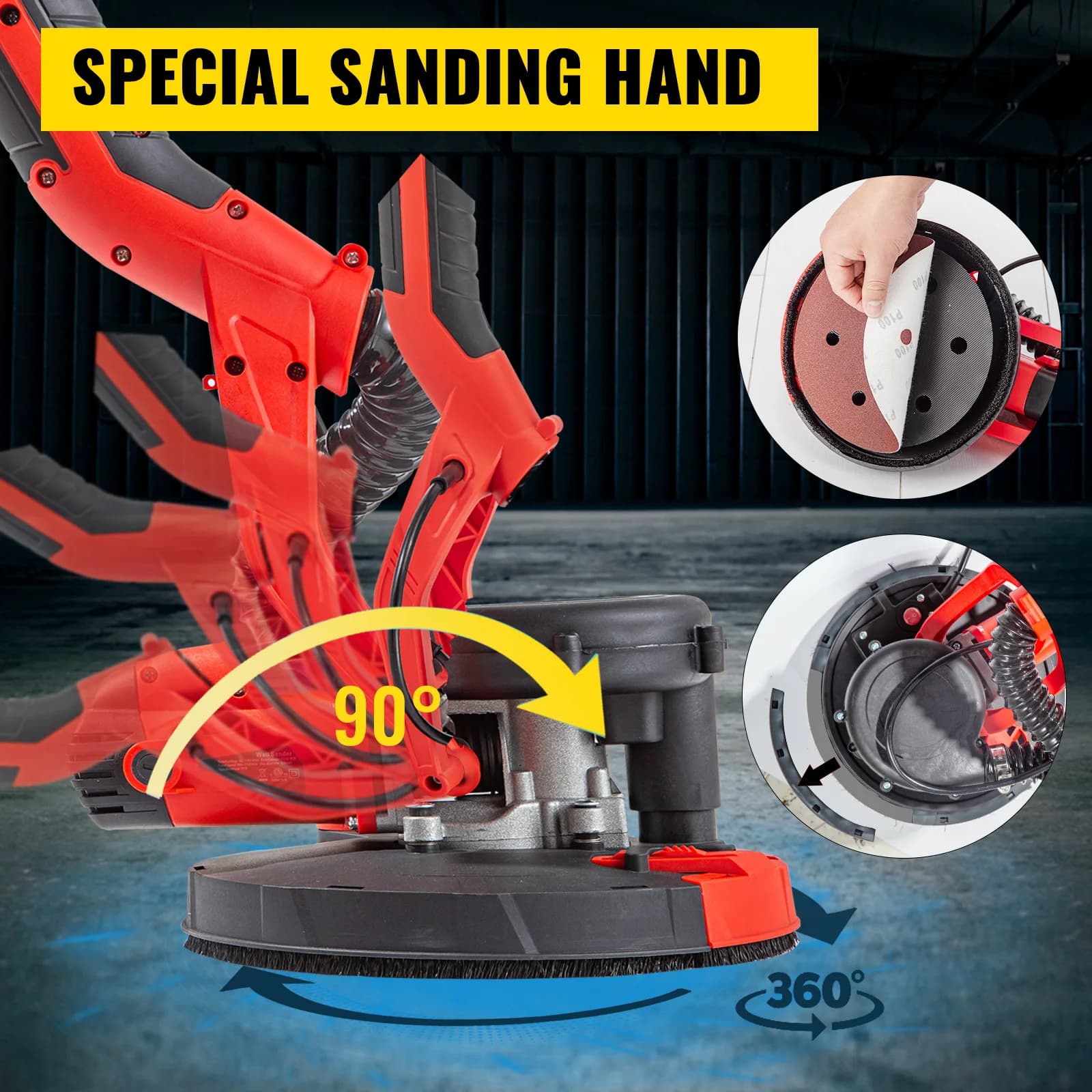 850W Drywall Sander | Variable Speed 800-1750RPM | Foldable Design with Vacuum Bag - Thumbnail 4