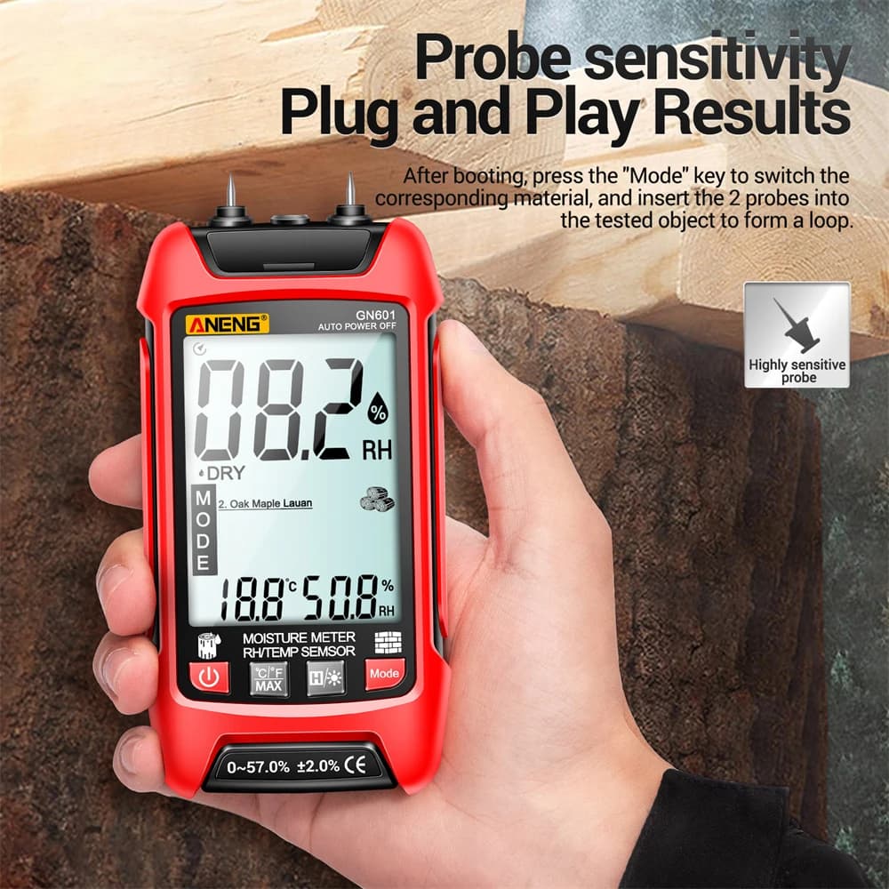 Wood Moisture Meter: 0-99.9% RH Range, Temperature & Humidity Probe Tester - Thumbnail 4