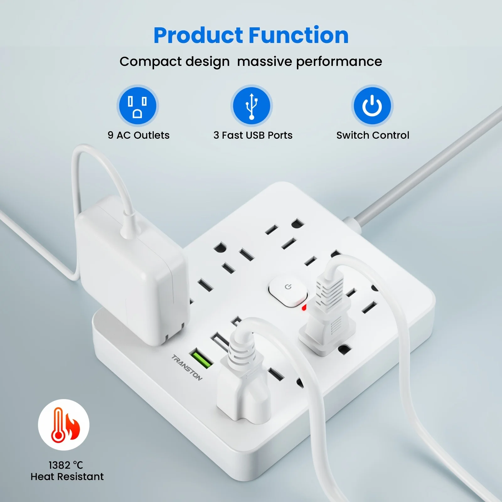 Surge Protector Power Strip | 9 Outlets & 3 USB Ports | 10-Foot Extension Cord | Quick Charge for Home & Office - Thumbnail 6