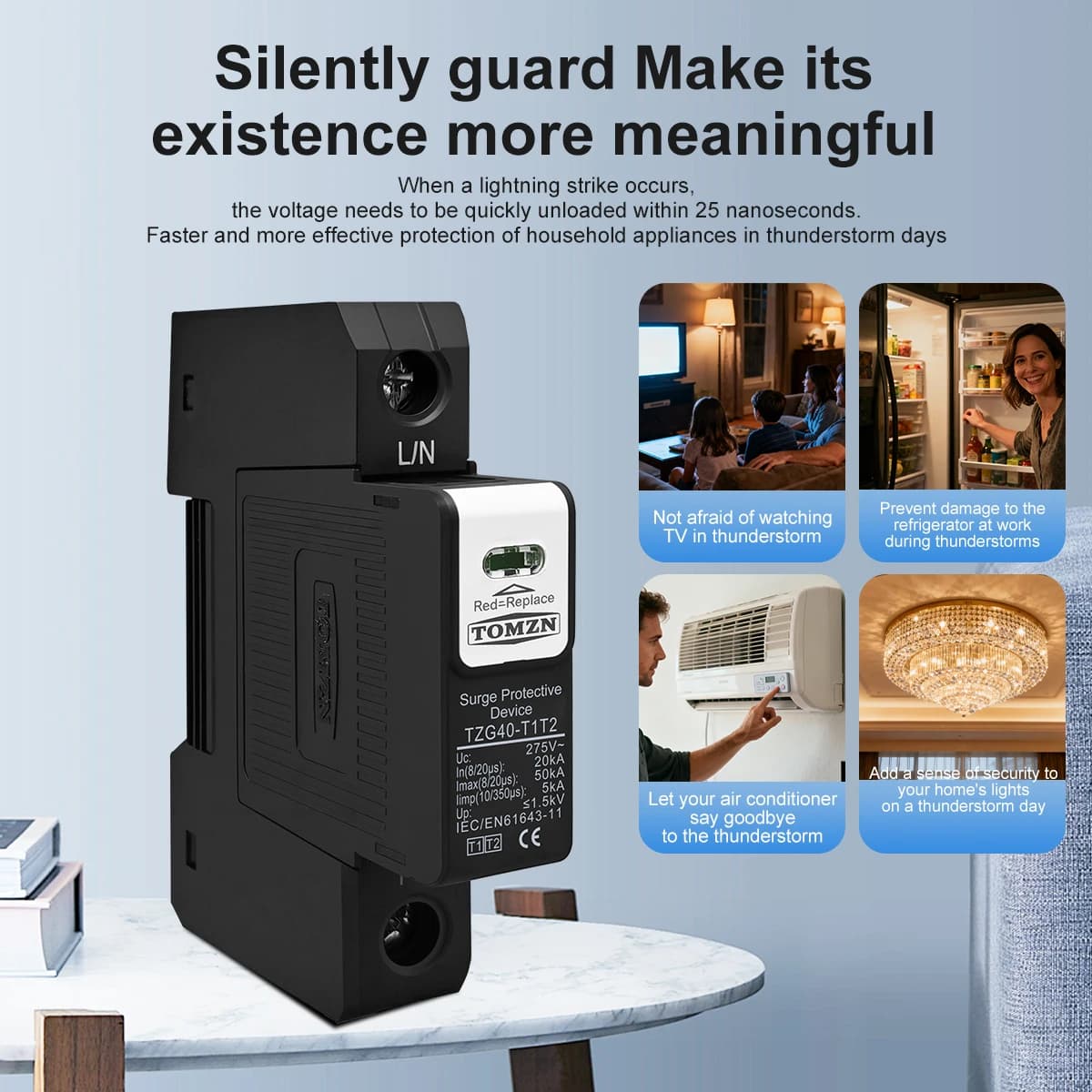 1PCS T1T2 SPD Surge Protective Device Surge Protector TOMZN AC SPD DIN Rail 1P 275V 20-50kA T1 7kA Larger Chip Pluggable - Thumbnail 5