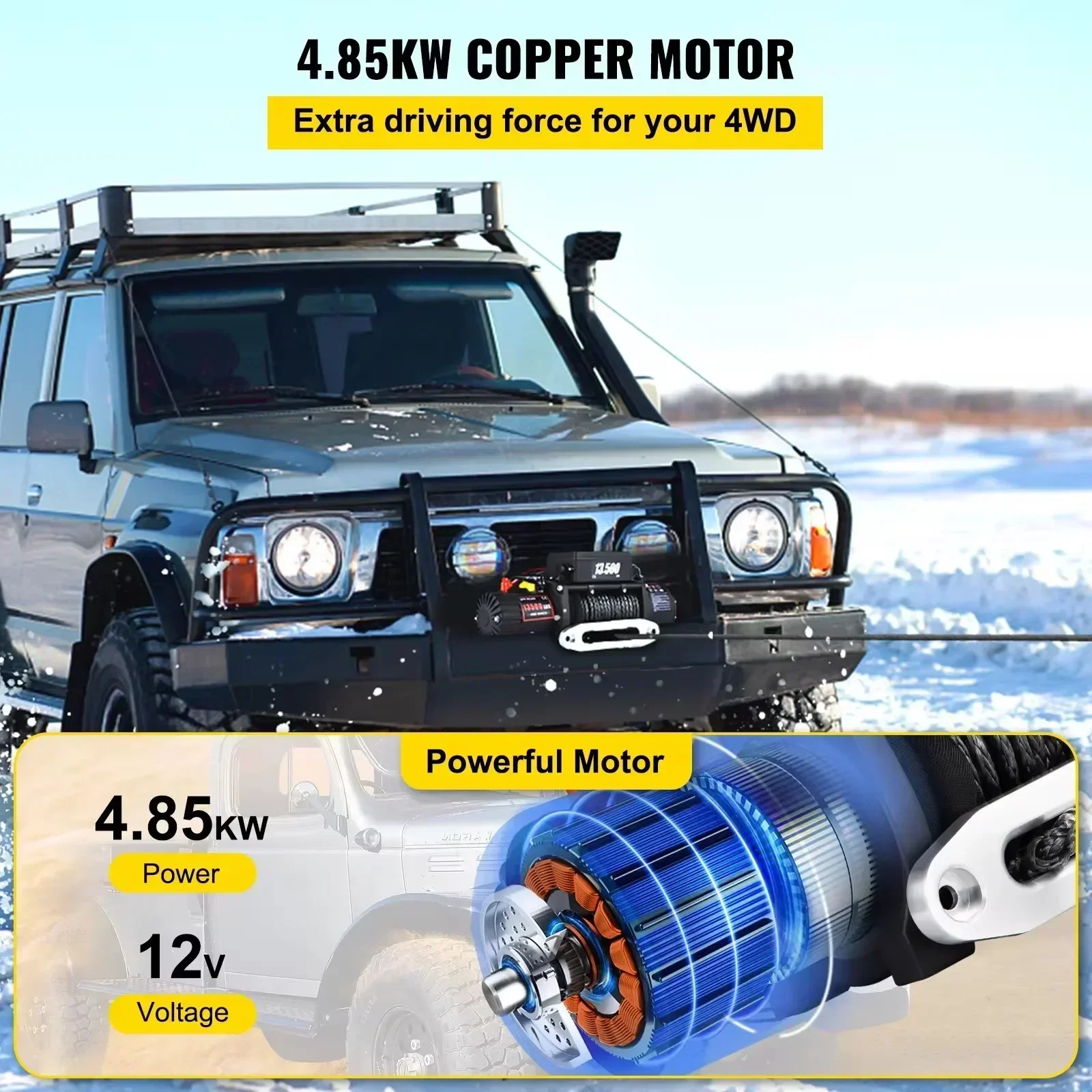 12V Electric Winch | 13,500 lb Synthetic Rope | Heavy-Duty Off-Road & Towing Recovery - Thumbnail 3