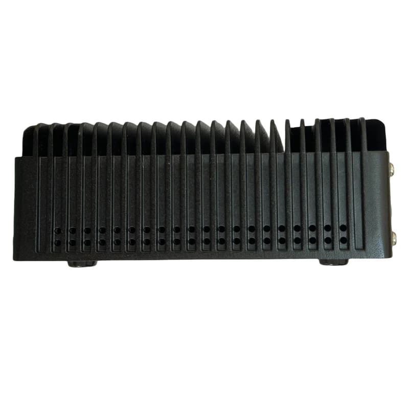 Fanless industrial mini PC with aluminum case, featuring Intel J1900 processor, dual LAN ports, and VGA/HD display outputs for automation.