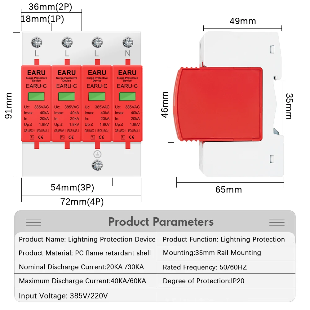 Surge Protector | 385V AC | 40kA Lightning Protection | 1P-4P for Home & Building Safety - Thumbnail 2