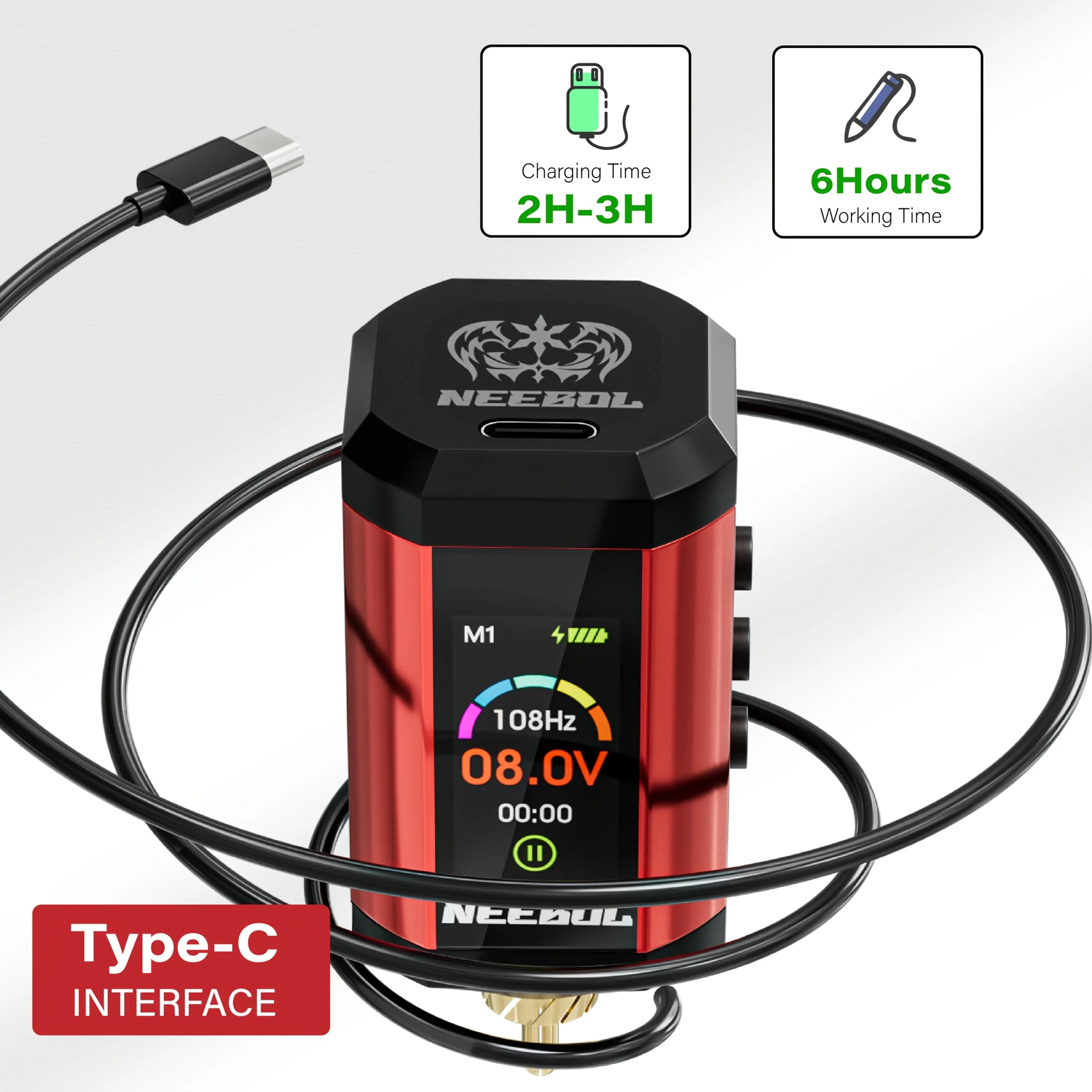 Cordless Tattoo Power Supply | Color Display & 3 Memory Modes | RCA Connector - Thumbnail 5