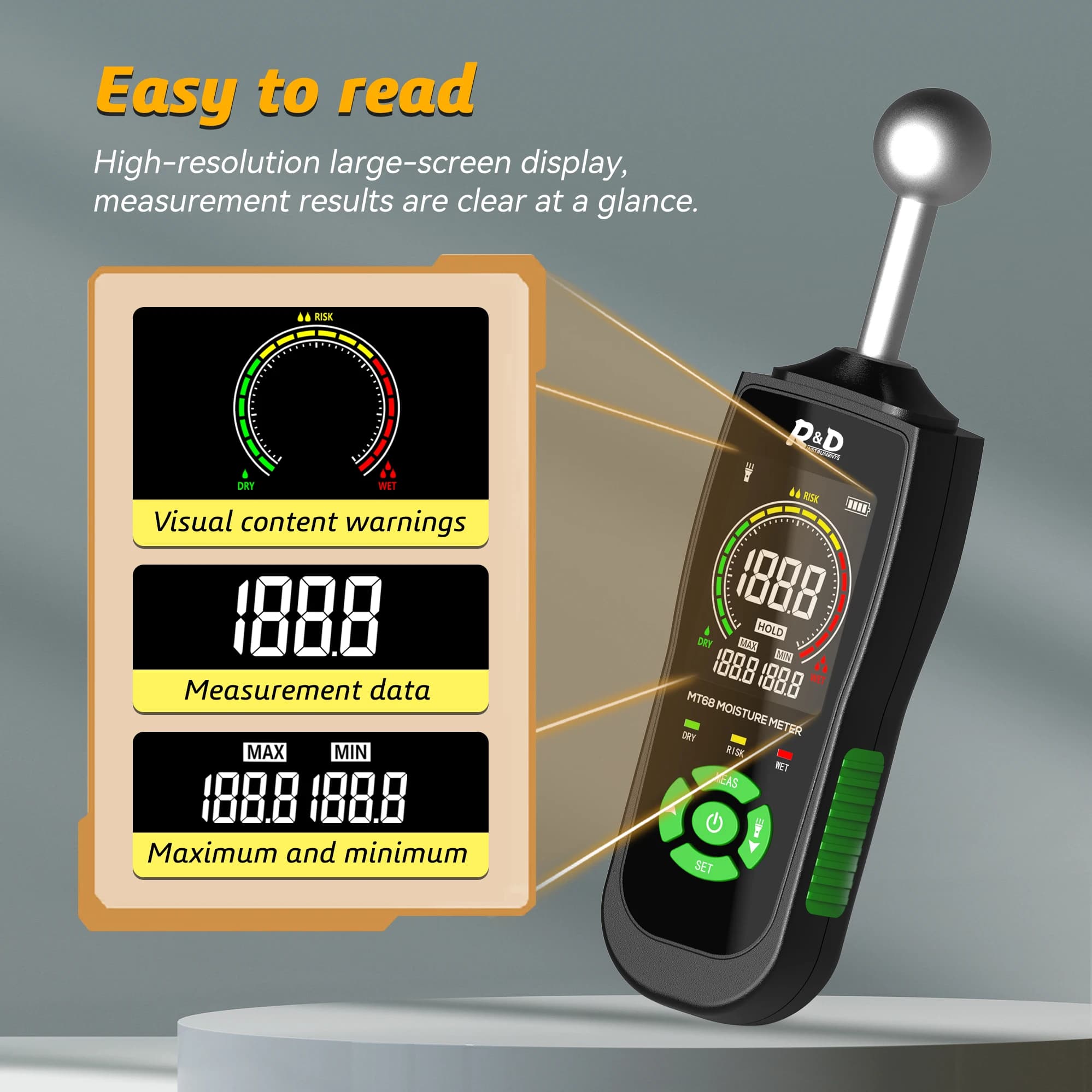 Moisture Meter for Wood & Building Materials | Non-Destructive Wall & Floor Scanner | R&D MT68 - Thumbnail 2