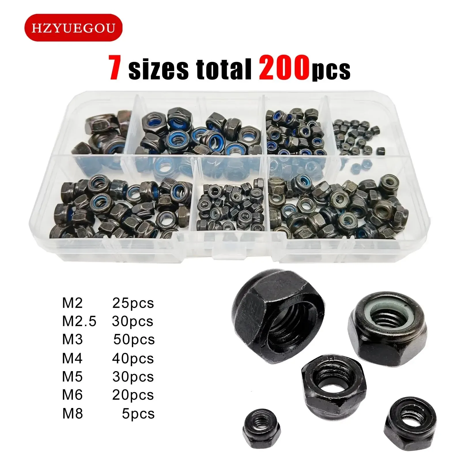 200PCS Nylon Insert Locknuts | Hexagon Self-Locking Nylock Set | M2-M8 DIN985 - Thumbnail 2