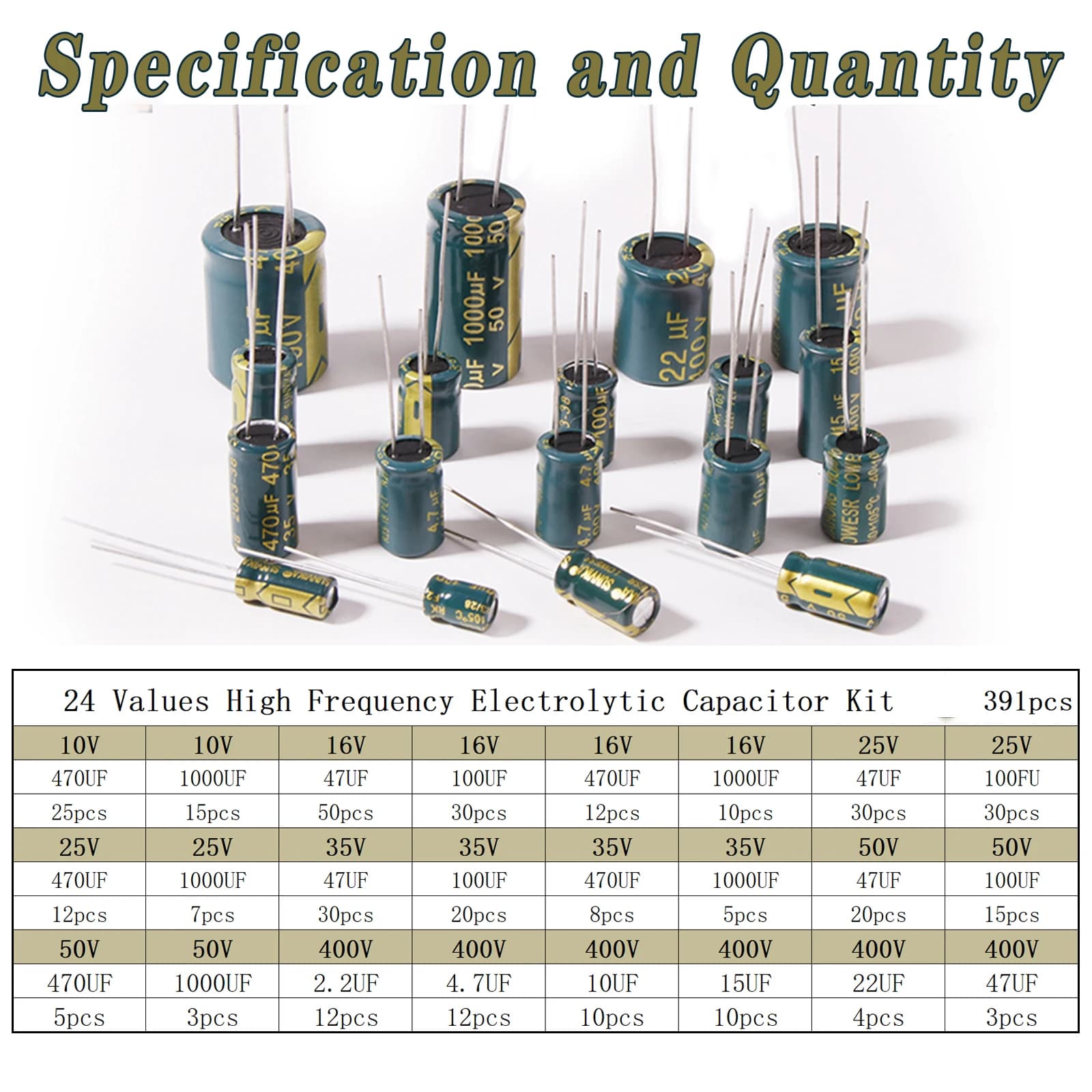 Electrolytic Capacitor Assortment Kit | 10V-400V | 10µF-1000µF | High-Frequency Circuit Repair - Thumbnail 2