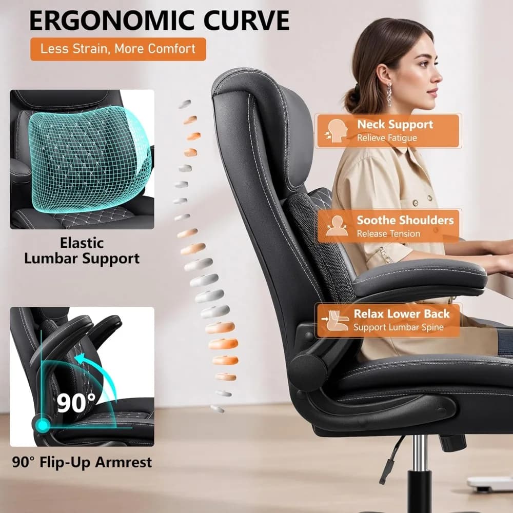 Ergonomic Office Chair | Lumbar Support for Back Pain Relief | Leather Chair with Flip-up Arms - Thumbnail 5