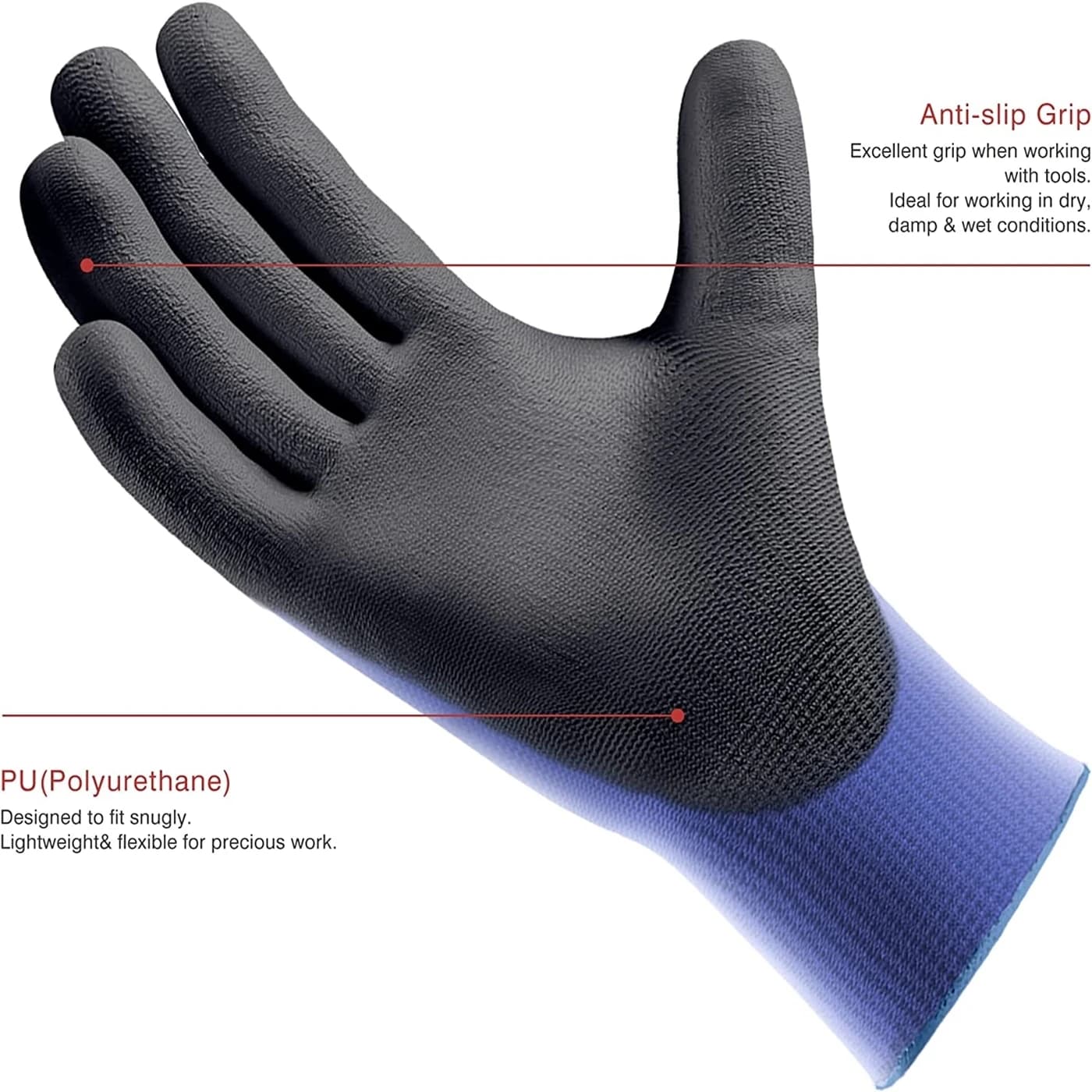 12-Pair PU Coated Work Gloves | Ultra-Thin Grip & Knit Wrist | Nylon Shell Safety Gloves - Thumbnail 4