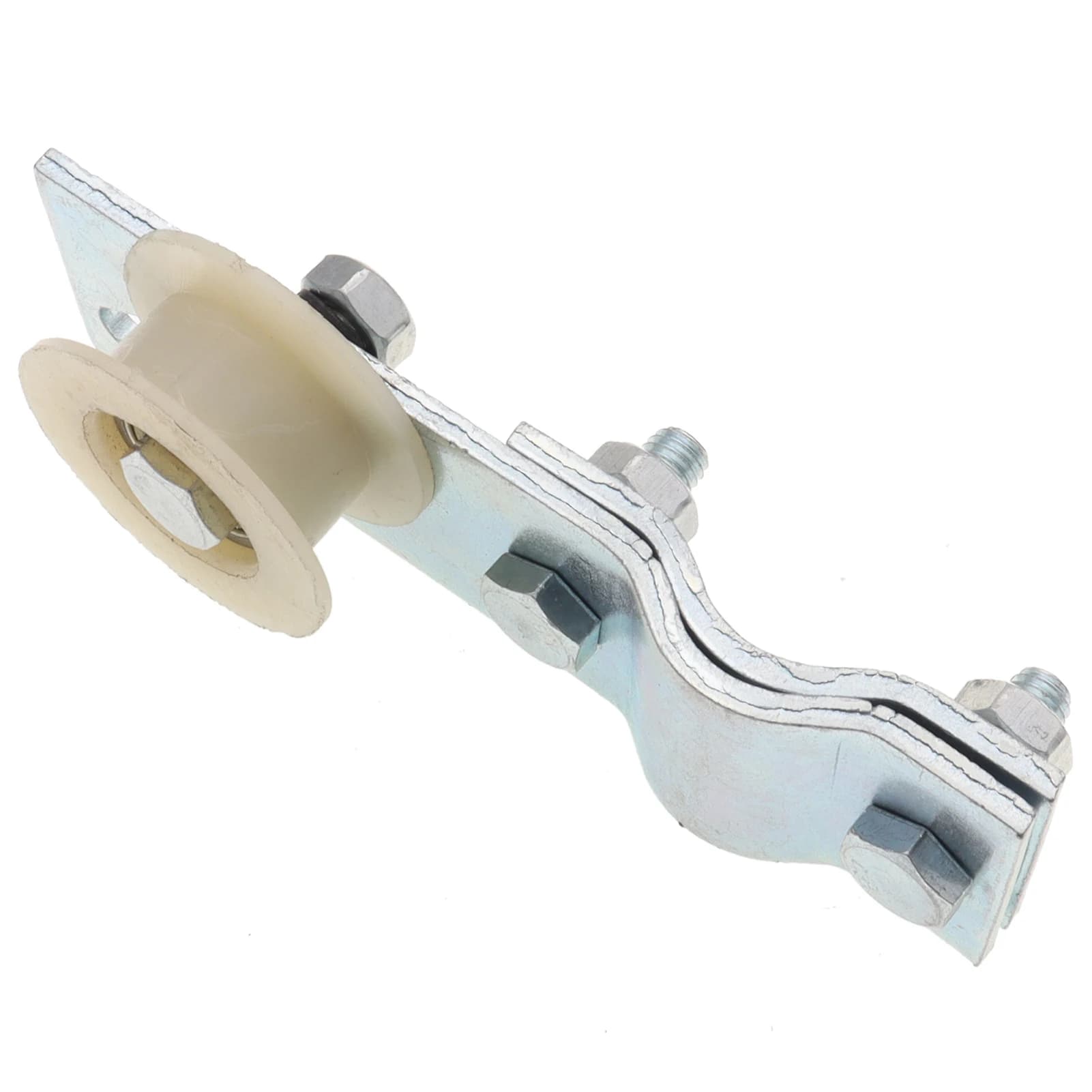 Pulley chain tensioner bracket adjuster with roller for 49cc, 60cc, 66cc, and 80cc motorized bicycle engines.