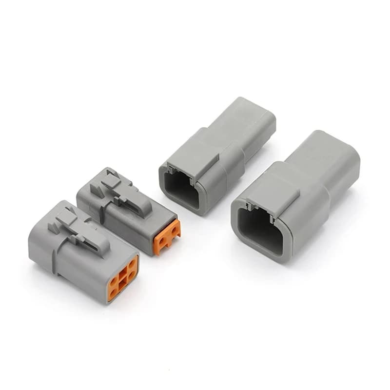 DEUTSCH DT series waterproof automotive connector set with male and female flange connectors in multiple pin configurations for secure vehicle wiring.