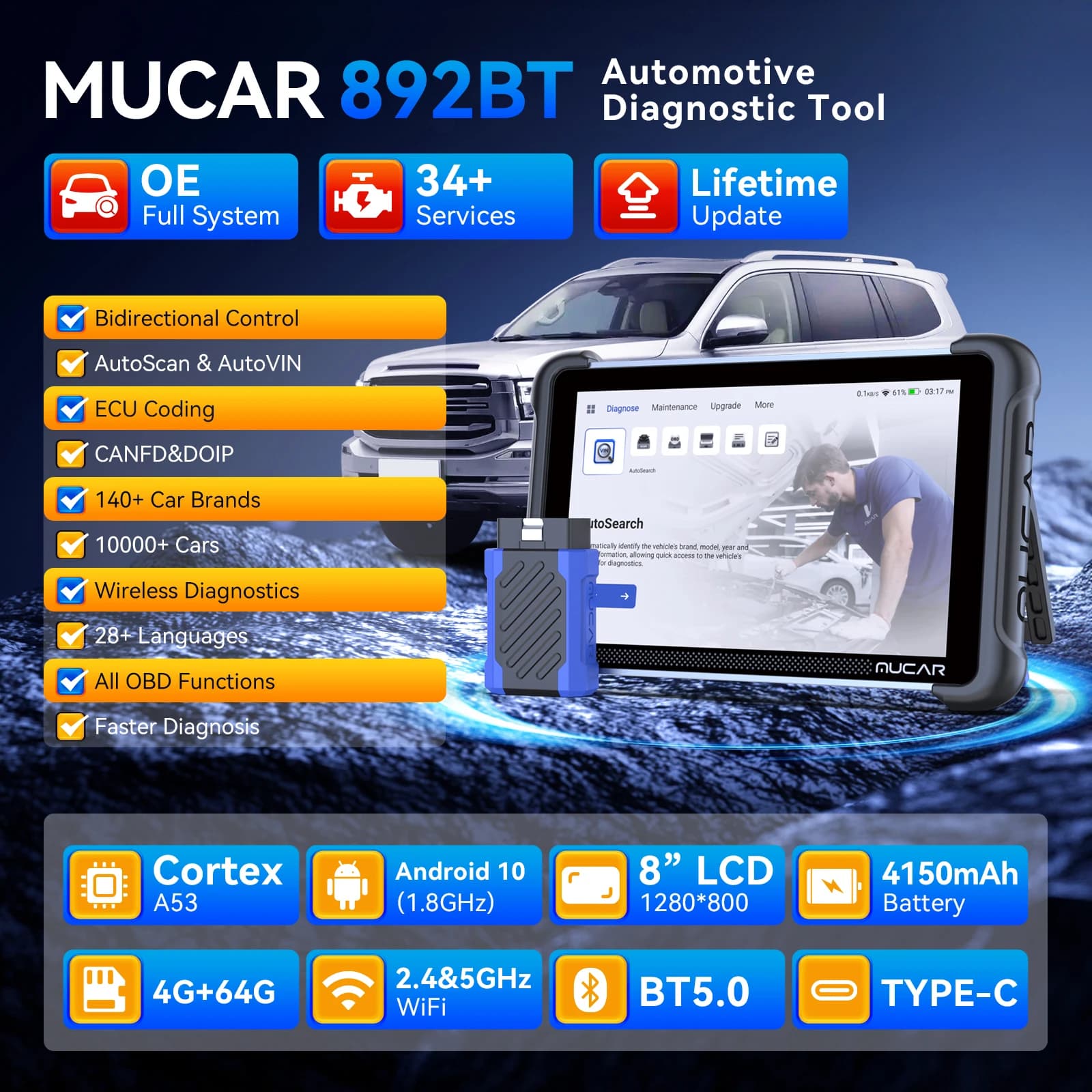 892BT AI Diagnostic Tool | CANFD/DOIP OBD2 Scanner with Full System ECU Coding - Thumbnail 6