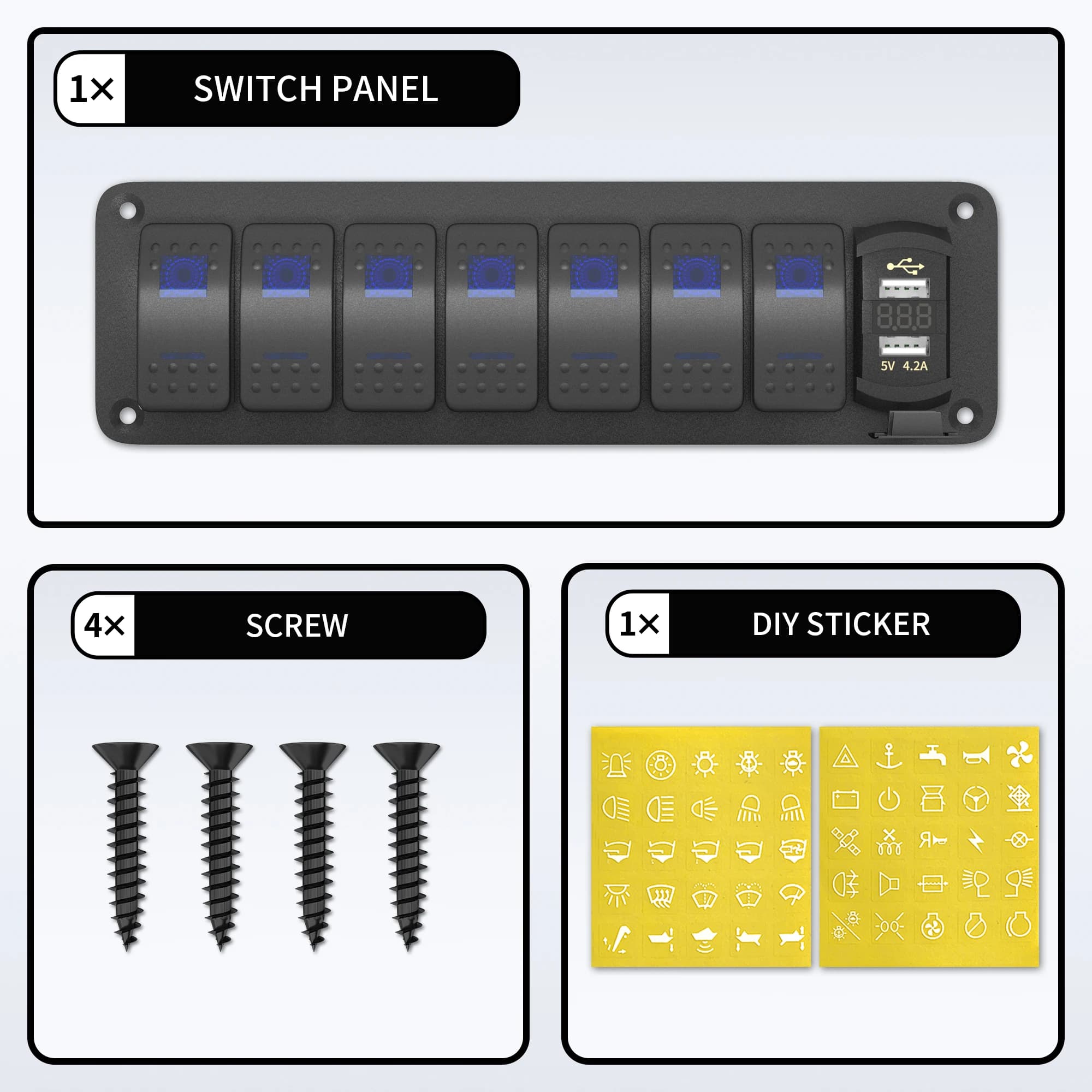 Marine-Grade 7-Gang Rocker Switch Panel | Waterproof with USB Charger & Voltmeter - Thumbnail 5