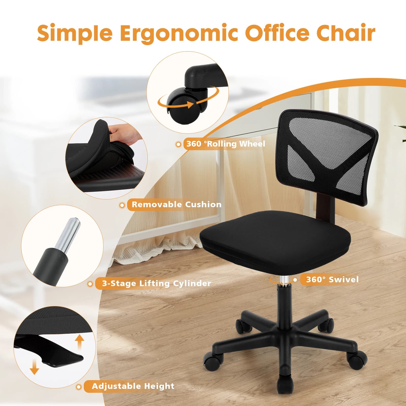 Armless Office Chair | Low Back with Lumbar Support | 360° Swivel Adjustable Computer Chair - Thumbnail 6