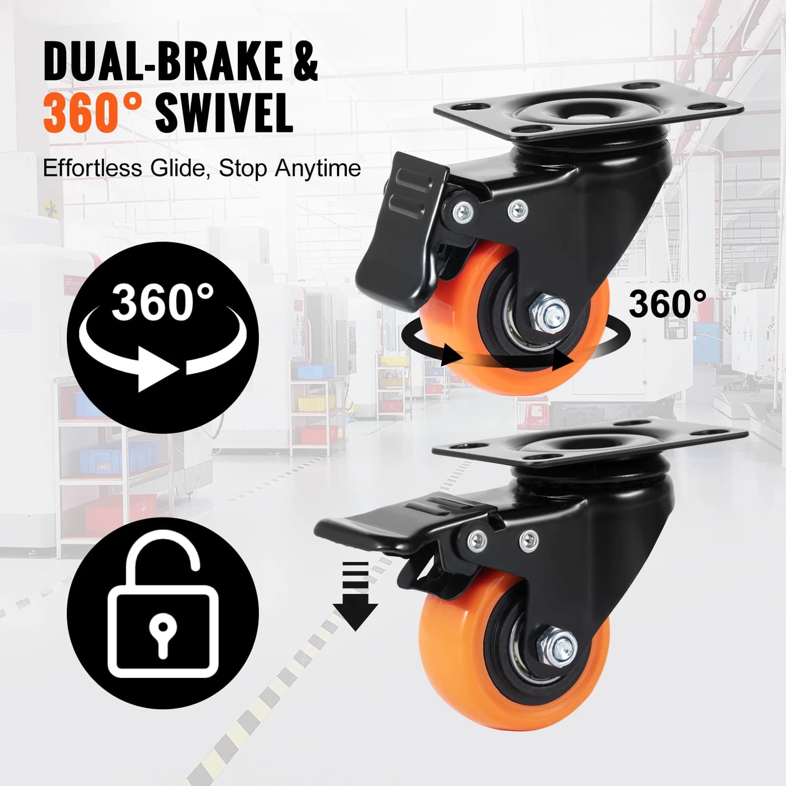 Locking Caster Wheels Set | 4-Pack Swivel Plate Casters | 2-6 Inch Sizes for Furniture & Workbenches - Thumbnail 3