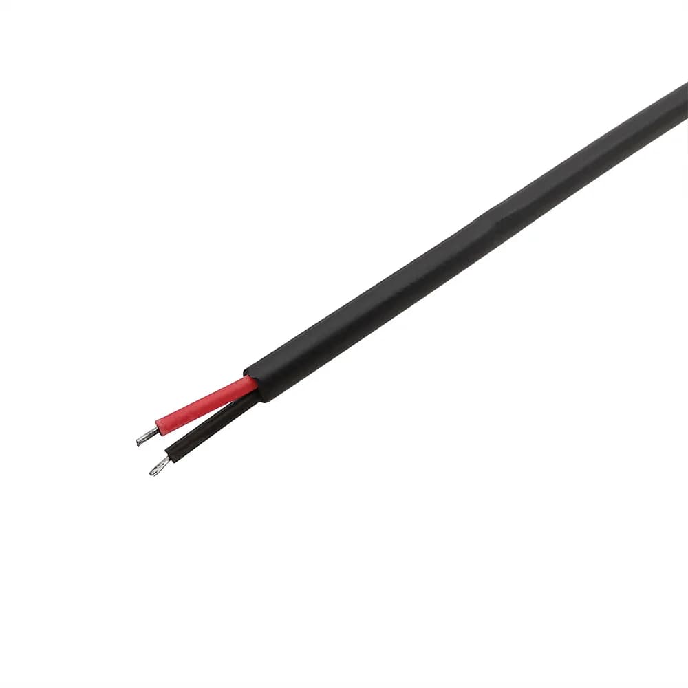 DC power pigtail cable with 5.5mm x 2.1mm male plug and female socket jack connector for DIY repair of CCTV cameras and LED strips.