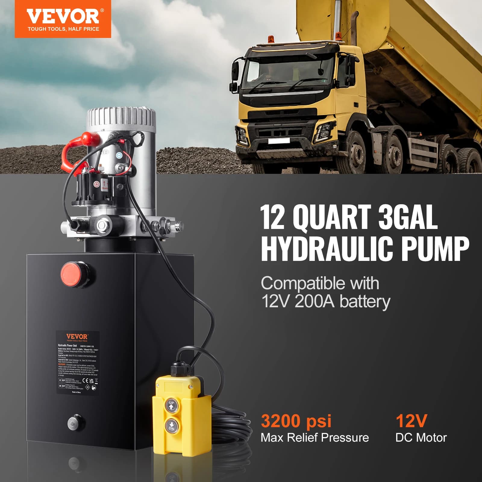 SucceBuy Hydraulic Pump 12 Quart Hydraulic Power Single Acting Dump Trailer Pump 0.91GPM Flow Rate 3200PSI Max Relief Pressure - Thumbnail 2