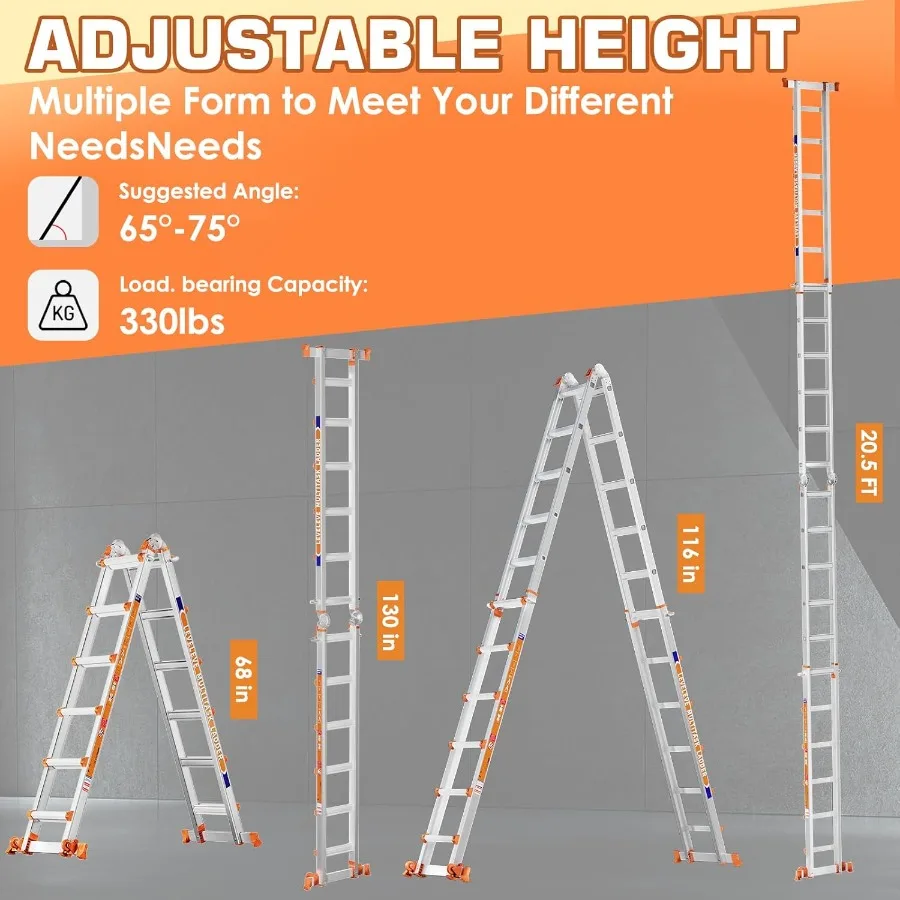 22FT A-Frame Ladder | Multi-Position with Stabilizer Bar & Wheels | 6-Step Extension for Stairs & Outdoor Use - Thumbnail 2