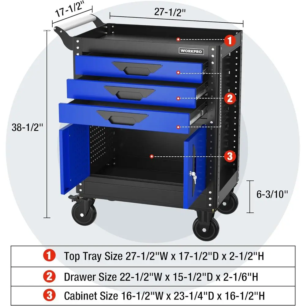 3-Drawer Steel Tool Chest | 27.5 Inch with Lock & Wheels | Garage Workshop Storage - Thumbnail 3