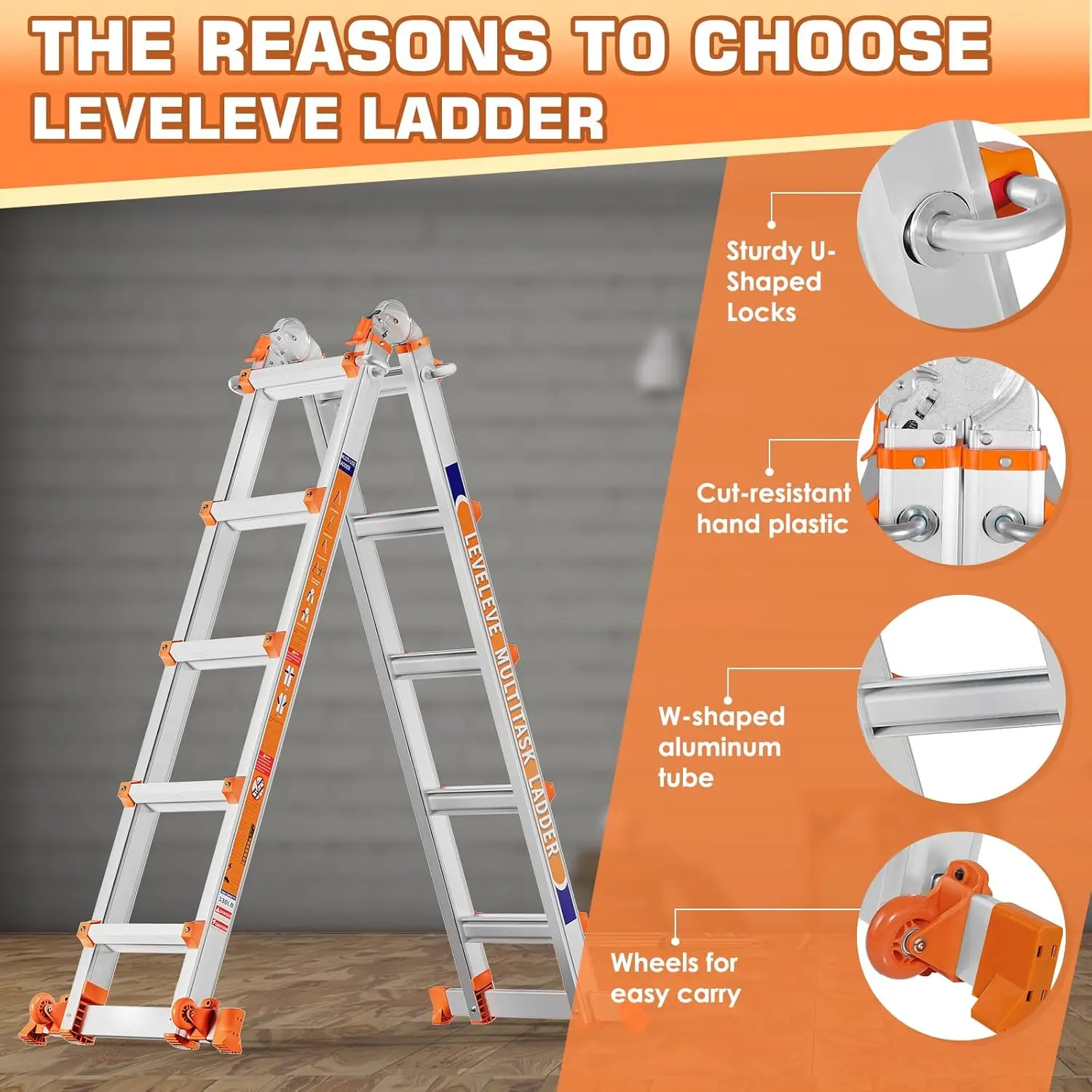 14FT Telescoping A-Frame Ladder | Multi-Position with Stabilizer Bar & Wheels | 330 lbs Capacity - Thumbnail 4