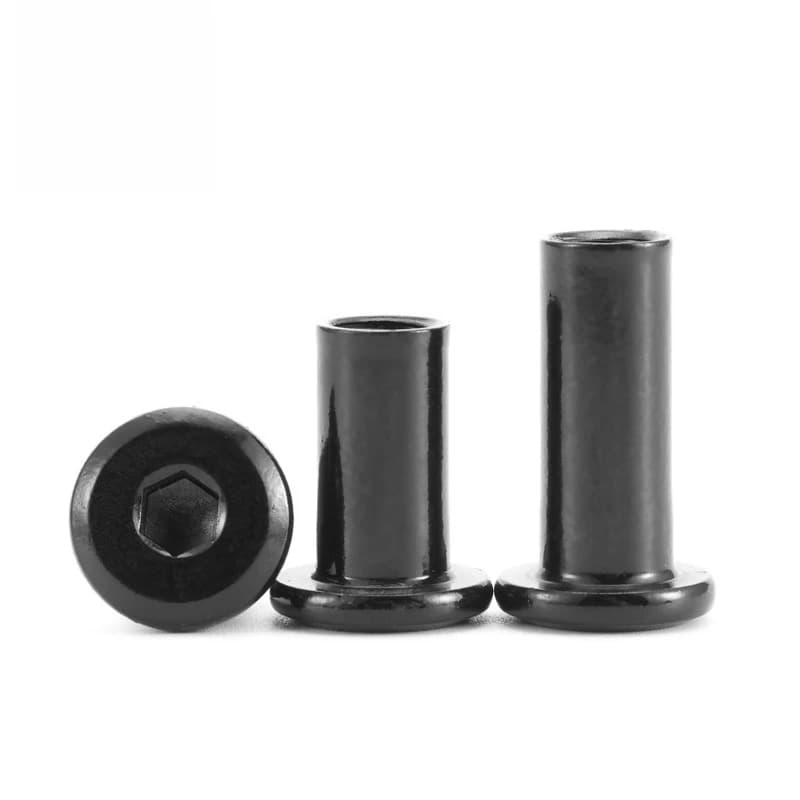 Black 304 stainless steel flat head hex socket furniture rivet connectors in sizes M2 through M6 with a cap nut design.