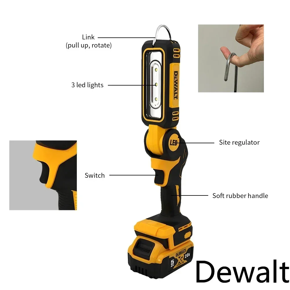 Dewalt 20V Lithium Battery 90 Degree Folding LED Work Light Handheld Multifunctional Portable Camping Torch for Outdoor Camping - Thumbnail 6