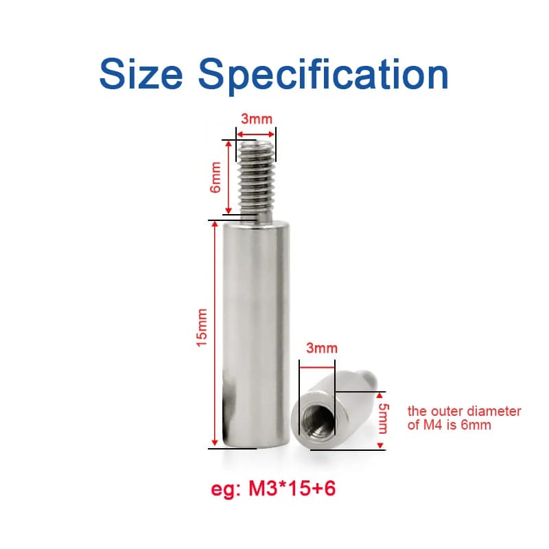 M4 Hex Standoffs | 304 Stainless Steel Male-Female Spacers | 5pcs/lot +6mm Thread - Thumbnail 6
