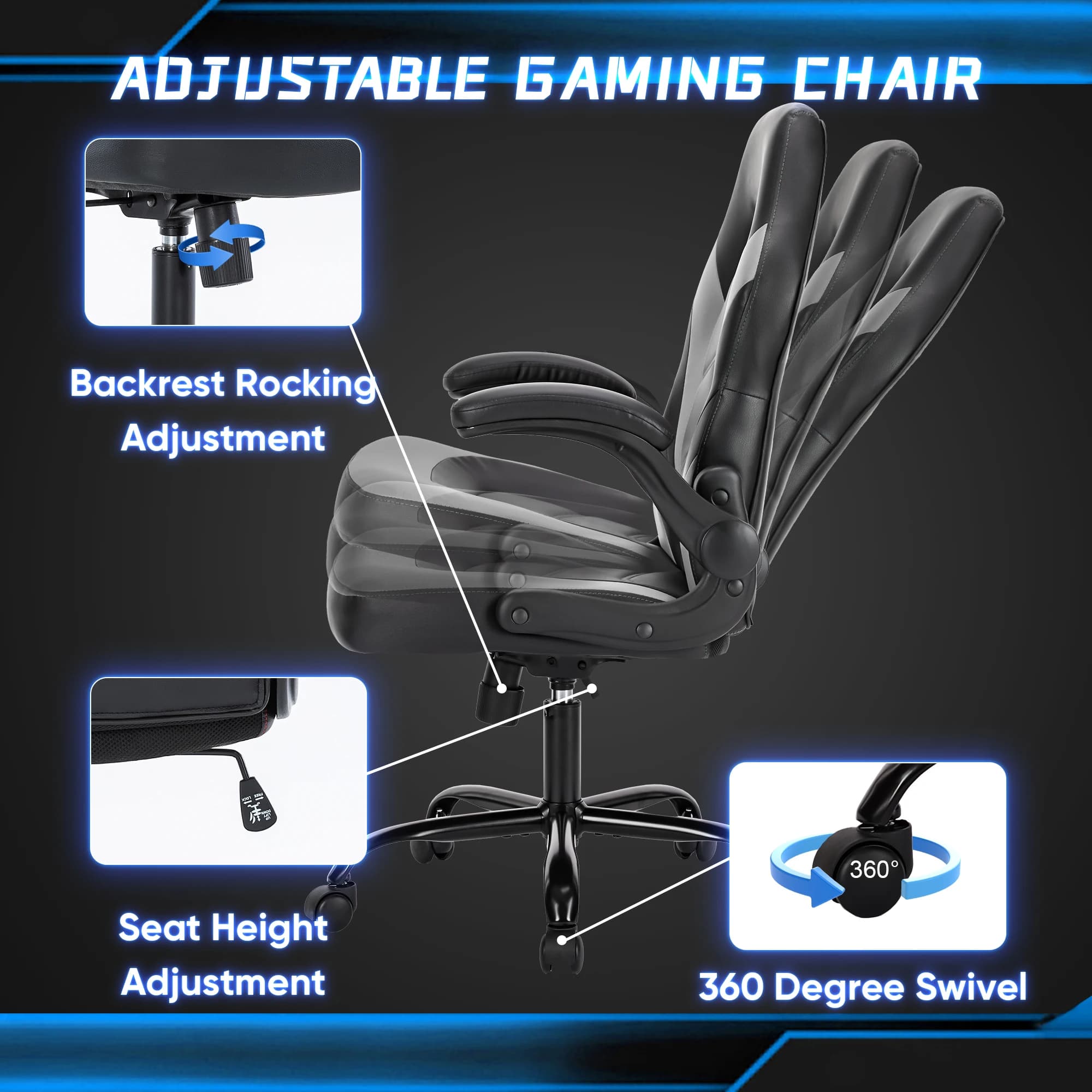 Gaming Desk Chair | Adjustable Flip-Up Armrests & PU Leather | Home Office Computer Racing Chair - Thumbnail 6