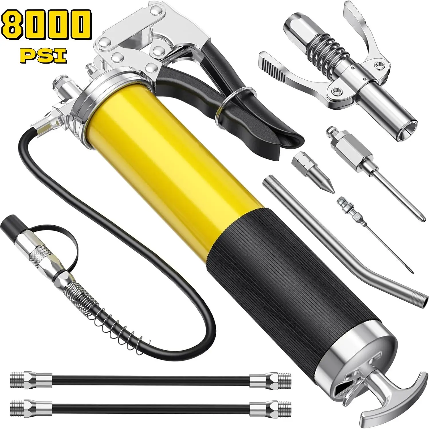 8000 PSI Heavy Duty Grease Gun Kit for 14 Oz Professional Pistol Grip Lube Grease Guns Tool with Zerk Fitting Manual Grease Gun - Thumbnail 2