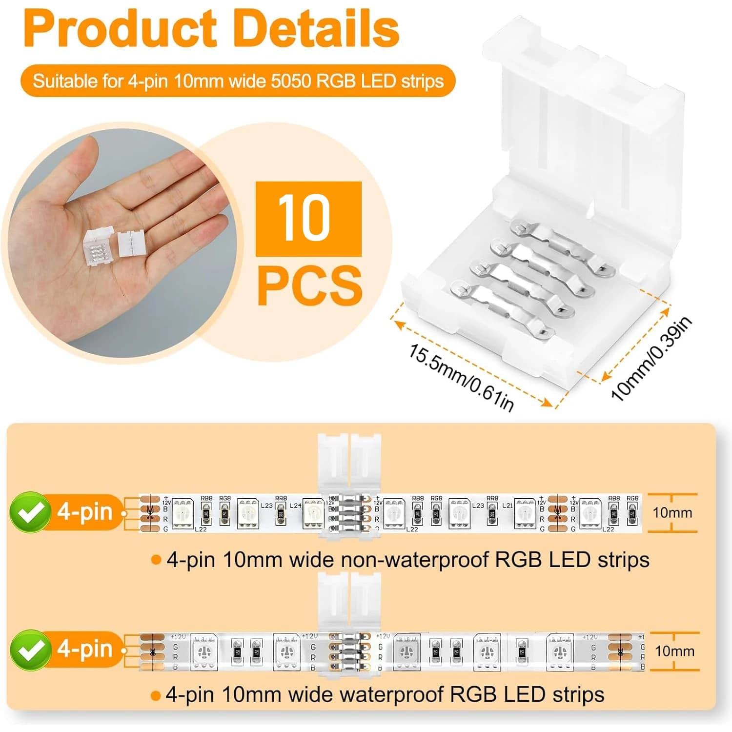 L-Shape LED Strip Connectors | 10-Pack for 5050/3528 RGB | Solderless Corner Installation - Thumbnail 6