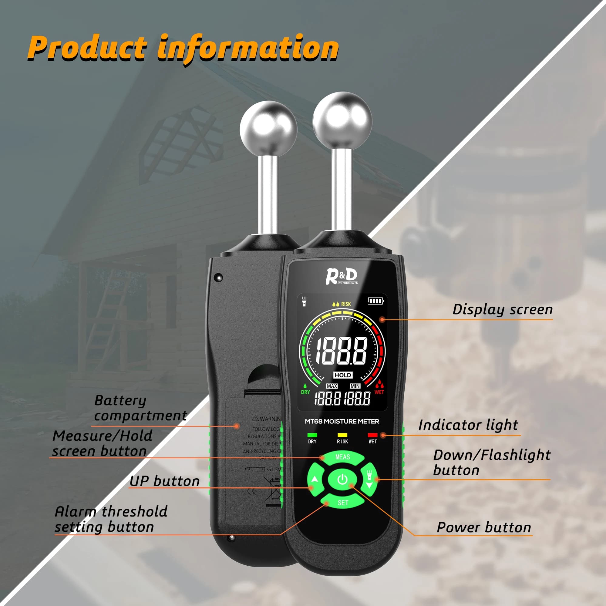 Moisture Meter for Wood & Building Materials | Non-Destructive Wall & Floor Scanner | R&D MT68 - Thumbnail 4