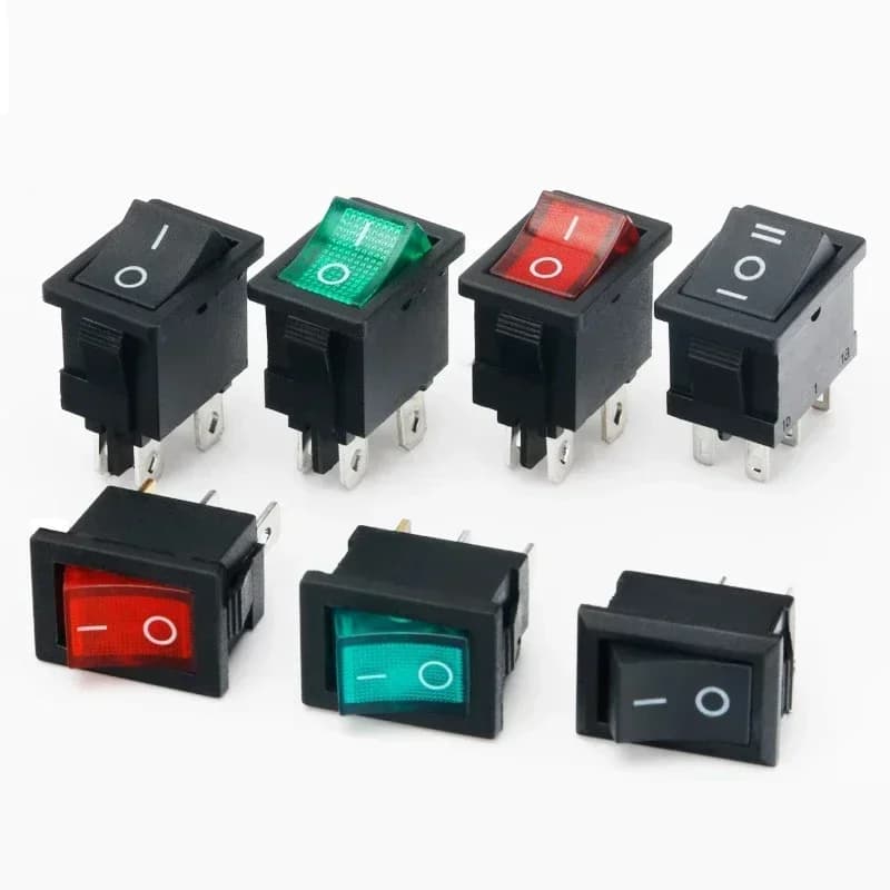 KCD1 rocker switch with red and green illumination, 15x21mm ON-OFF power switch rated for 6A 250V AC, perfect for marine and automotive use.