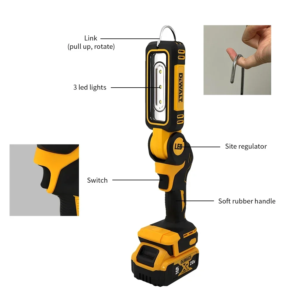 Dewalt 20V Lithium Battery 90 Degree Folding LED Work Light Handheld Multifunctional Portable Camping Torch for Outdoor Camping - Thumbnail 6