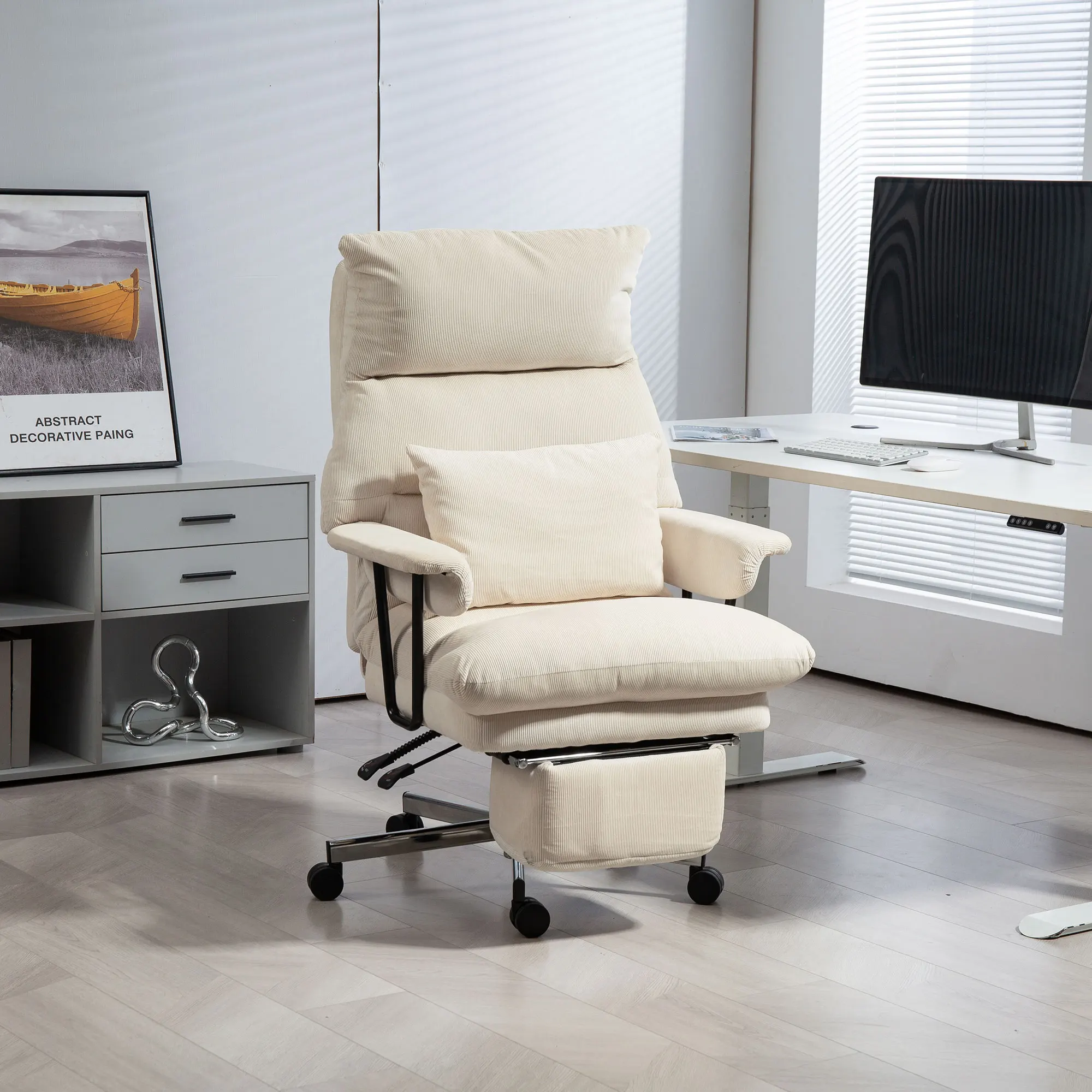 Back Executive Office Chair | Reclining with Footrest | Overstuffed Cream White Desk Chair - Thumbnail 3