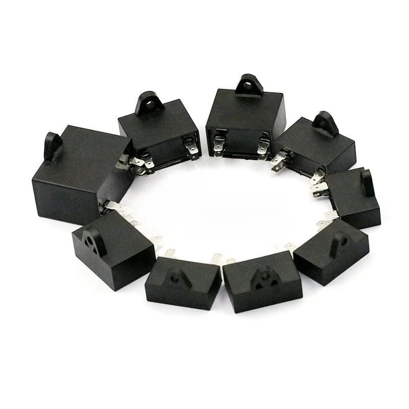 CBB61 metalized film capacitor for ceiling fans and AC units, 450V with multiple microfarad ratings from 1UF to 12UF.