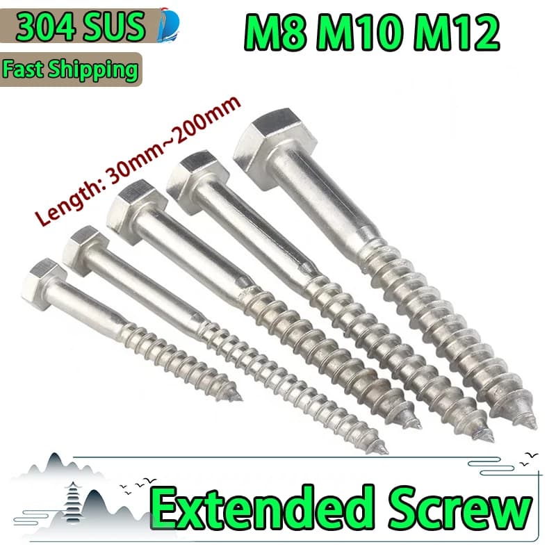 M10 M12 Self Tapping Wood Screws | 304 Stainless Steel | 30-200mm Length - Thumbnail 2