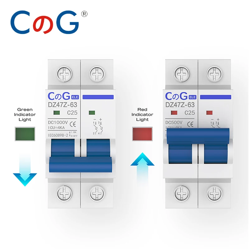 CG 2P MCB 10A 16A 20A 25A 32A 40A50A63A Circuit Breaker DZ47Z 500V/1000V Din Rail Mount DC Disconnect Switch for Solar PV System - Thumbnail 5