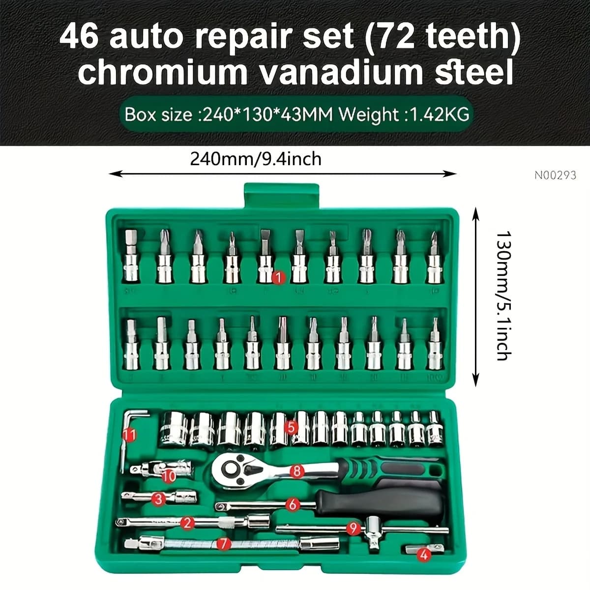 1/4-Inch Drive Socket Set | 46-Piece Metric Ratchet Kit with Extension Bars for Auto Repair - Thumbnail 6
