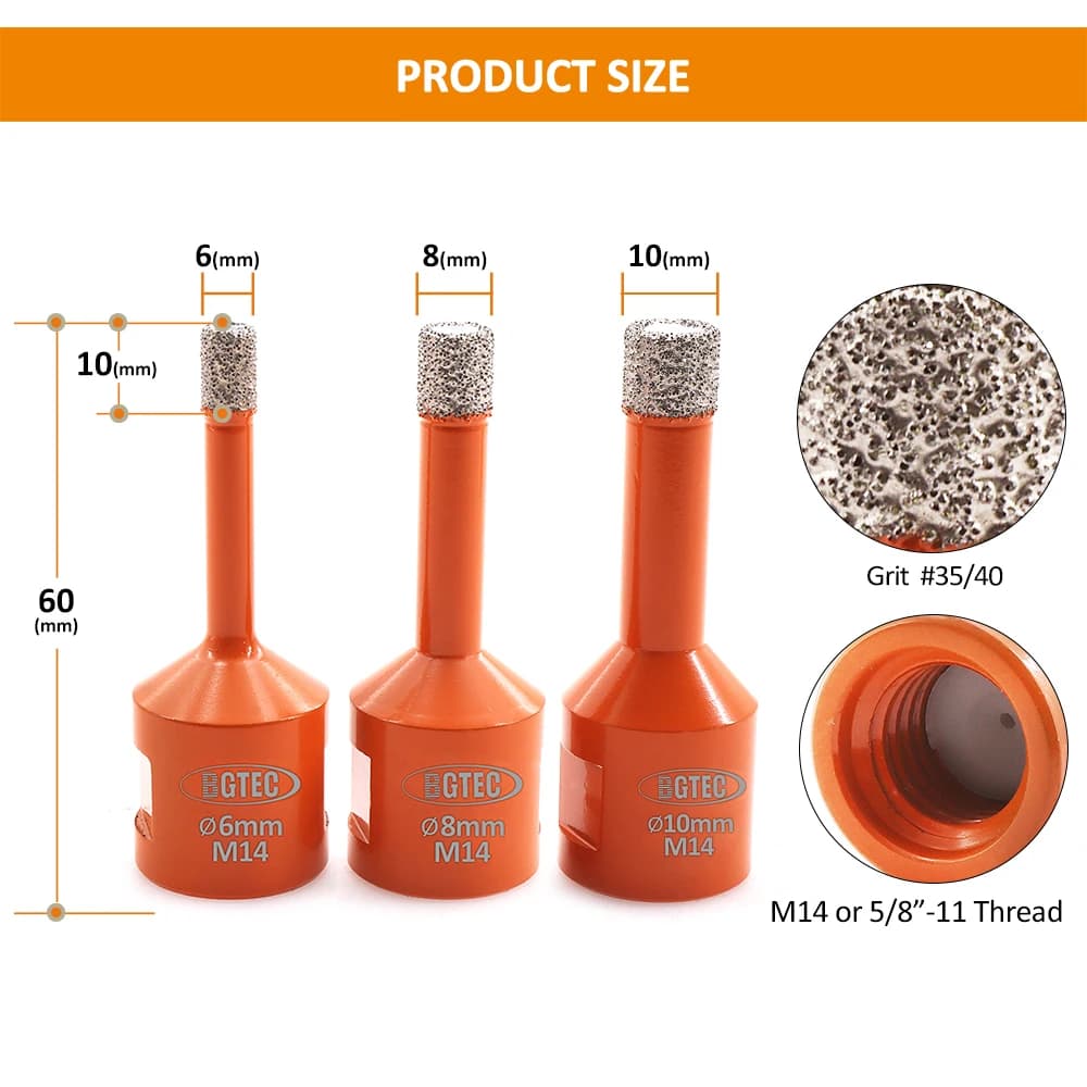 Diamond Hole Saw Kit | 6/8/10mm Tile & Stone Drill Bits | M14/5/8 Arbor - Thumbnail 4
