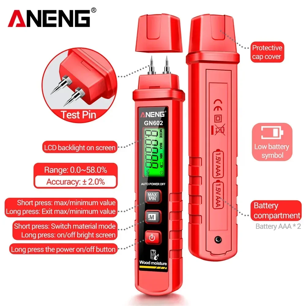 Wood Moisture Meter | 0-58% Detection Range | Backlit Digital Display for Building Materials - Thumbnail 6