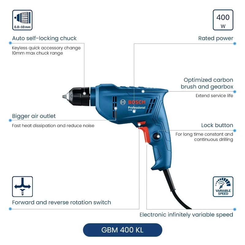 Bosch GBM400KL Electric Screwdriver | Single-Speed Household Tool | Self-Locking Chuck - Thumbnail 2