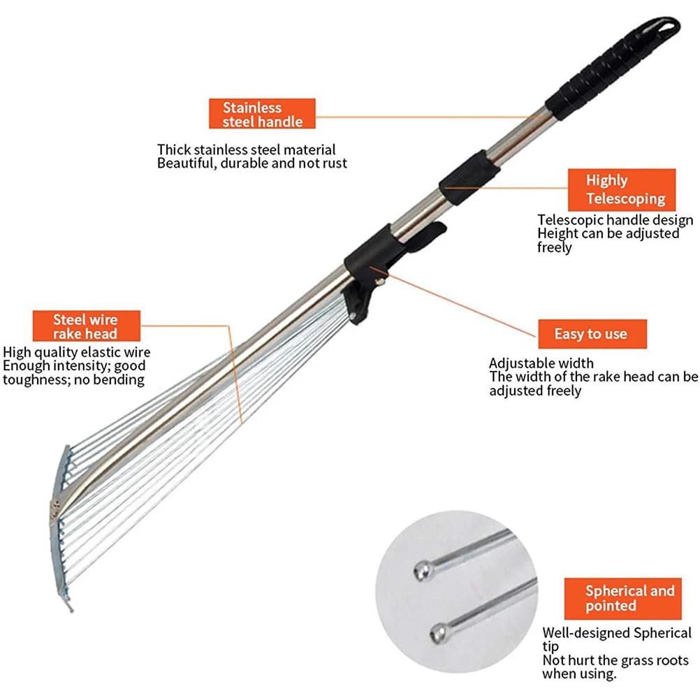 Multi-Toothed Metal Garden Rake | E2 Adjustable Telescopic Design | For Hay, Grass & Deciduous Leaves - Thumbnail 3